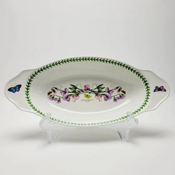 Portmeirion Botanic Garden Handled Oval Baker 15" Sweet Pea Pink Purple Floral